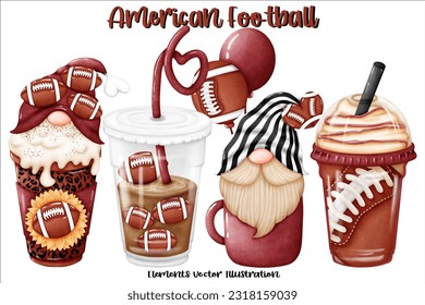 Set Coffee Gnomes American Football Ball Element Watercolor Vector File ,Clipart Cute cartoon vintage-Retro style For banner, poster, card, t shirt, sticker