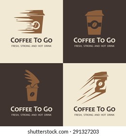 Set of coffee to go labels. Moving coffee cup logos.