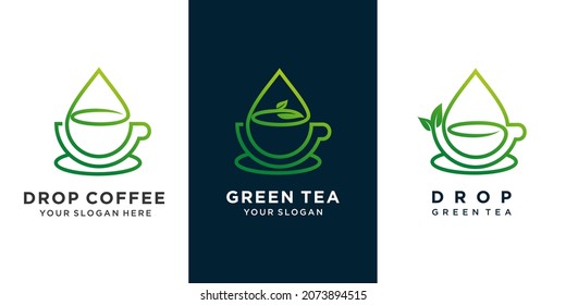 set of coffee or green tea or tea with water drop and tea leaf combination concept logo design . Premium Vector