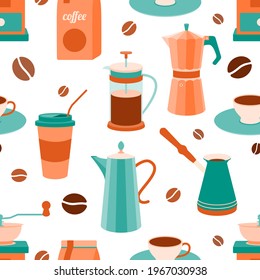 Set of coffee grinder, geyser coffee maker, coffee pot, French press, coffee beans, cups. Vector seamless pattern