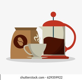 set coffee grinding jar with crank and mug with packaking of coffee