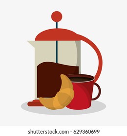 set coffee grinding jar with crank and mug of coffee with croissant