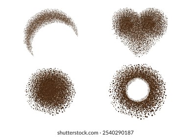 Set Coffee ground speckles powder, cocoa top view. Grainy bean with particles textured stain. Brown chocolate dust. grains and granules shape