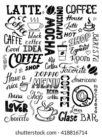 Set of coffee hand drawn lettering. Template and concept for cafe, menu, coffee house, coffee shop.