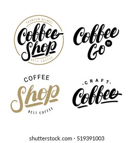 Set of coffee hand written lettering logos, labels, badges. Modern brush calligraphy. Isolated on white background. Design elements. Vintage style. Vector illustration.