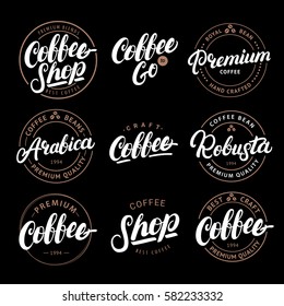 Set of Coffee hand written lettering logo, label, badge, emblem. Modern brush calligraphy. Vintage retro style. Isolated on black background. Vector illustration.