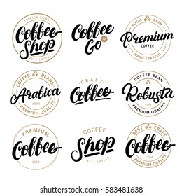 Set of Coffee hand written lettering logo, label, badge, emblem. Modern brush calligraphy. Vintage retro style. Isolated on black background. Vector illustration.