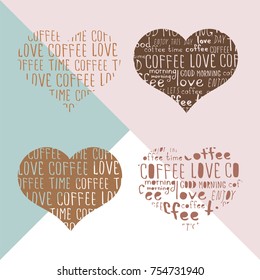 A set of coffee hearts with inscriptions on a geometric background. Vector image.