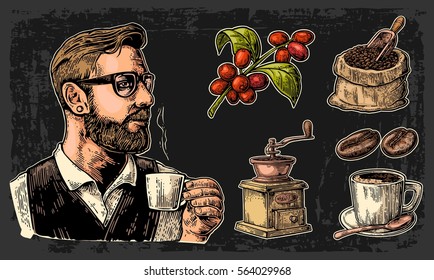 Set coffee. Hipster barista holding a cup, sack with wooden scoop and beans, cup, branch with leaf and berry. Vintage color vector engraving illustration. Isolated on dark background