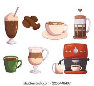 Set Of Coffee House or Cafe Themed Icons. Beans, Coffee Maker Machine And Ceramic Mug, Glass Cup with Foam, Straw, Americano, Latte Or Cappuccino Hot Tasty Drinks. Cartoon Vector Illustration