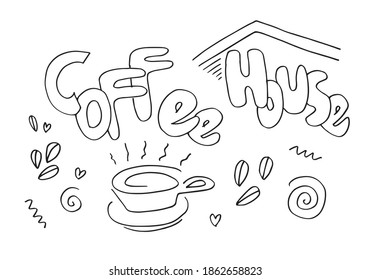 Set of coffee house elements with food, coffee beans, glass, milk and lettering text.vector illustration.