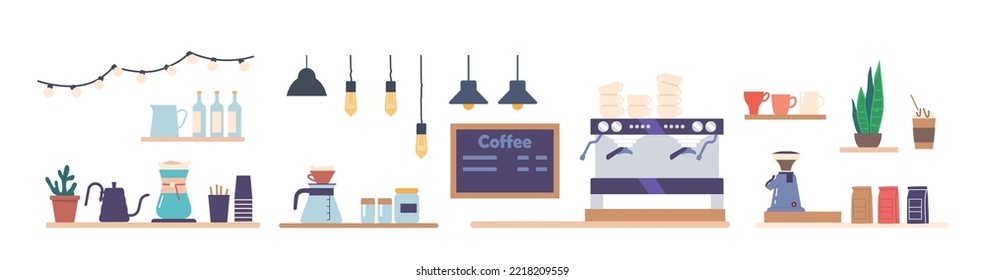 Set of Coffee House Equipment and Barista Tools. Menu Chalkboard, Coffee Machine, Shelf with Bottles, Cups, Mugs and Hanging Lamps or Garlands. Package with Beans, Plant. Cartoon Vector Illustration