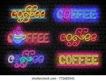 Set of Coffee House Vintage Singboards. Cafe Label, Restaurant. Shiny Neon Light Style Lettering. Advertisement Flyer, Poster, Banner Template. Vector 3d Illustration. Abstract Decorative Art