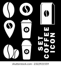 Set coffee icon , coffee bean ,coffee pack, coffee cup , trasparancy cup, black background 