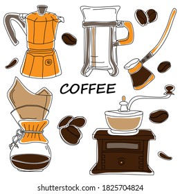 Set of Coffee icon free hand vector design with sketch of different coffee elements isolated on white background.