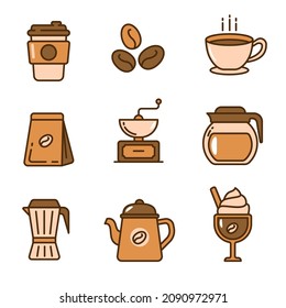 Set of coffee icon in linear color design isolated on white background. Coffee vector illustration