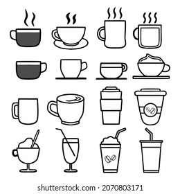 Set of coffee icon in mug and glass. Vector illustration thin line style.