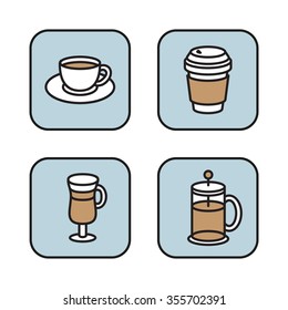 Set of coffee icons: cup of cappuccino, coffee to go cup, latte and french press