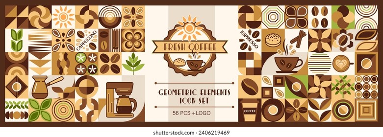 Set of coffee icons, design elements, logo in simple flat geometric style. Good for branding, design of food package, decorative prints, kitchen textile