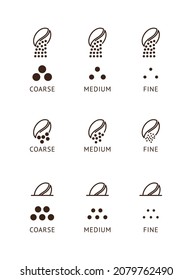 a set of coffee icons of different grinding coarse medium and fine