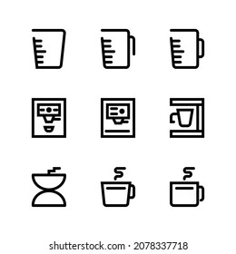Set of coffee icons. Editable stroke. Pixel perfect 32x32 For web and mobile. Icons such as a cup of coffee, coffee machine, and measuring glass.  