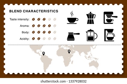 Set of coffee icons and elements. The set helps to present coffee.  Can be used on packaging, advertising, promo, etc. EPS10.
