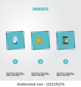 Set of coffee icons flat style symbols with pocket milk, turkish cezve, coffeemaker and other icons for your web mobile app logo design.