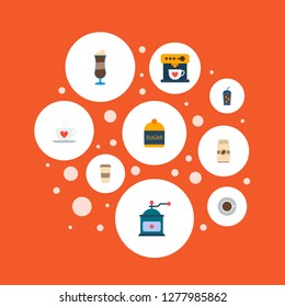 Set of coffee icons flat style symbols with espresso dispenser, cup, cappuccino to go and other icons for your web mobile app logo design.