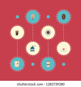 Set of coffee icons flat style symbols with mocha grinder, cappuccino to go, seed and other icons for your web mobile app logo design.
