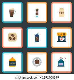 Set of coffee icons flat style symbols with espresso dispenser, cup, iced drink and other icons for your web mobile app logo design.