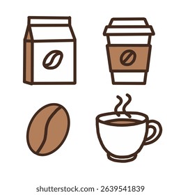 Set of coffee icons in flat style, featuring coffee bag, takeaway cup, coffee bean, and steaming cup. Perfect for café, coffee shop, beverage branding, and food packaging design themes.