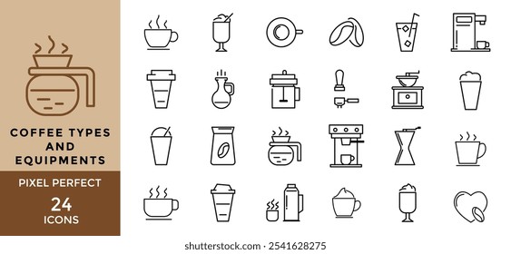 Set of Coffee Icons, Hot Beverage Minimal, Modern and Elegant Vector Line Illustration for Cafe, App, Website