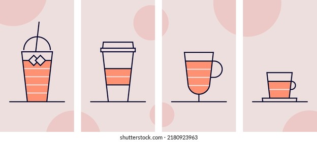 Set of coffee icons. Ice latte, latte, americano, espresso. Collection of vector line coffee drink symbol in trendy flat style with background.