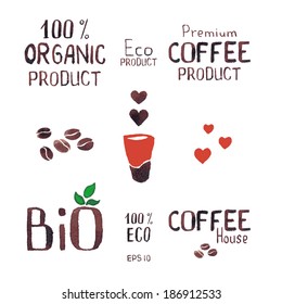 Set of coffee icons, labels, natural product. vector illustration