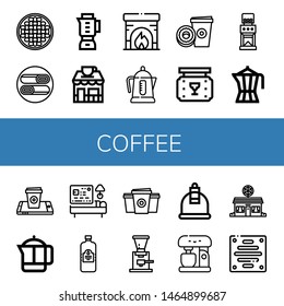 Set of coffee icons such as Beans, Shawarma, Blender, Coffee shop, Fireplace, Electric kettle, Paper cup, Bar, Coffee grinder, maker, cup, French press ,