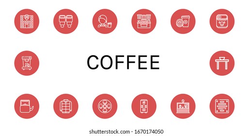 Set of coffee icons. Such as Hotel, Pastry, Barista, Office, Paper cup, Canned food, Kettle, Winter, Cheesecake, Coffee machine, Coffee shop, Extractor, Dinner table , icons
