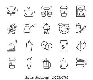 set of coffee icons, such as ice coffee, cup, teapot, beverage, cafe, breakfast, 