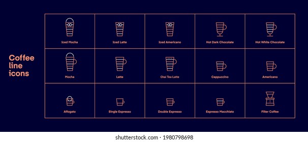 Set of coffee icons such as latte, americano, espresso. Collection of vector line drink symbol in trendy flat style. Signs for cafe.