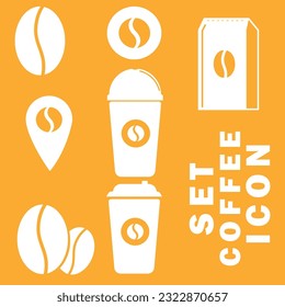 Set coffee icons. yellow background , coffee bean ,coffee cup , coffee pack , yelow-white icon 