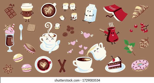 Set of coffee illustrations in flat style.