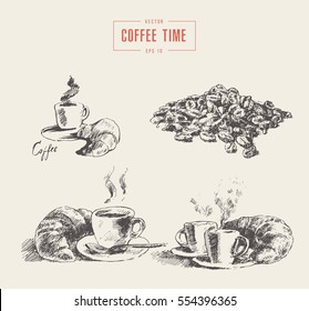 Set of coffee illustrations, hand drawn vector illustration, sketch