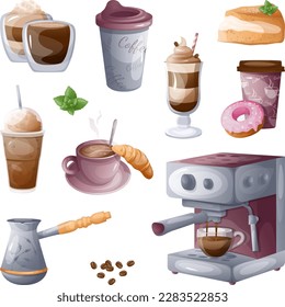 Set von Kaffeemaschinen. Kaffeezeit, Pause, Kaffee, Tasse, Bohnen, Muschel und Kaffeemaschine