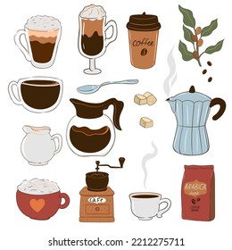 Set of coffee items isolated on white background. Vector graphics.