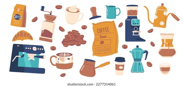 Set of Coffee Items, Machine Kitchen Appliances Isolated Icon. Espresso Maker With Glass Pot, Beans, Package, Croissant