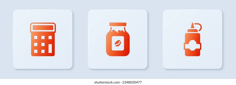 Set Coffee jar bottle, Calculator and Sauce. White square button. Vector