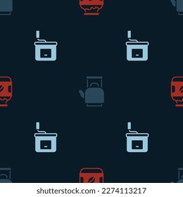 Set Coffee jar bottle, Kettle with handle and Manual coffee grinder on seamless pattern. Vector