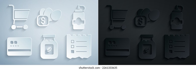 Set Coffee jar bottle, Sauce, Credit card, Shopping list, Price tag for egg and cart icon. Vector