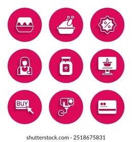 Set Coffee jar bottle, Security camera, Credit card, Shopping cart on computer, Buy button, Seller, Discount percent tag and Chicken egg box icon. Vector