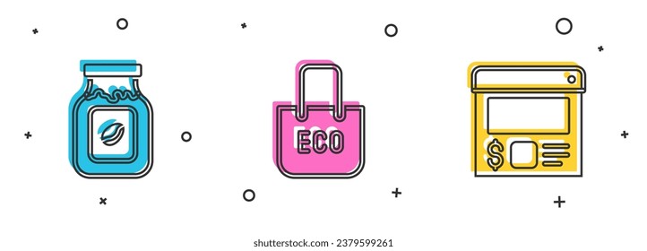 Set Coffee jar bottle, Shopping bag with recycle and Online ordering and delivery icon. Vector