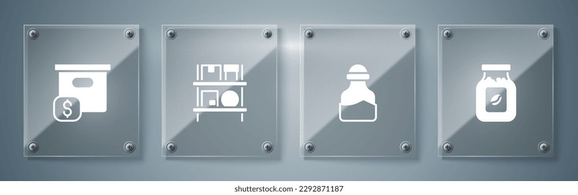 Set Coffee jar Botella, Spice in lata, Warehouse Interior con cajas y cartón de cartón. Paneles de vidrio cuadrado. Vector